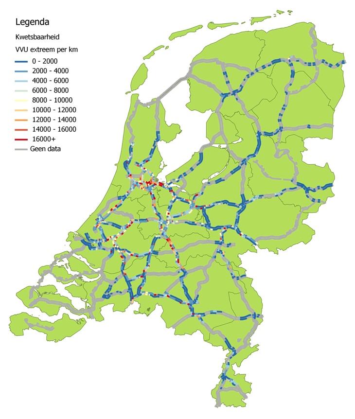 Ruimtelijke spreiding van de extreme reistijdverliezen in 2016