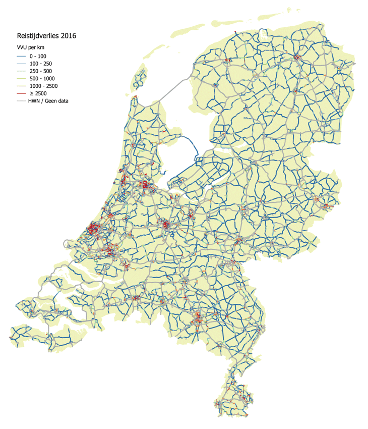 Omvang van het reistijdverlies op provinciale en gemeentelijke wegen in 2016