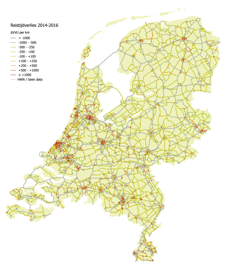 Veranderingen in reistijdverlies 2014-2016 op provinciale en gemeentelijke wegen