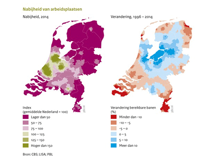 Bereikbaarheid van het aantal arbeidsplaatsen in 2014 en de verandering in de bereikbare banen 1996-2015