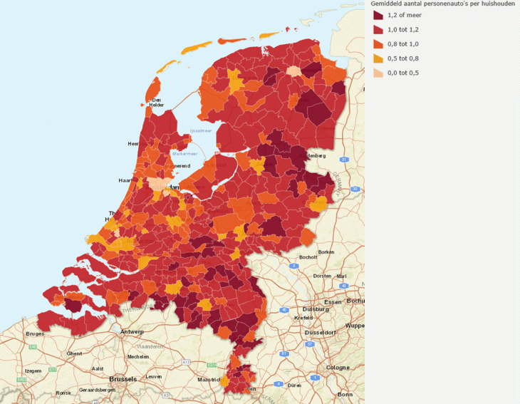 Gemiddeld aantal personenauto's per huishouden