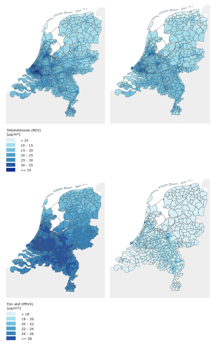 Concentratiekaarten van NO<sub>2</sub> in 2011 en 2016 en PM<sub>10</sub> in 2011 en 2016