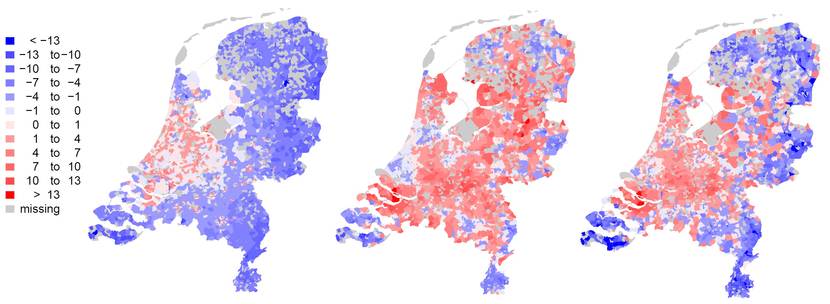 Kaarten waarin veranderingen in bevolkingsaantallen staan weergegeven